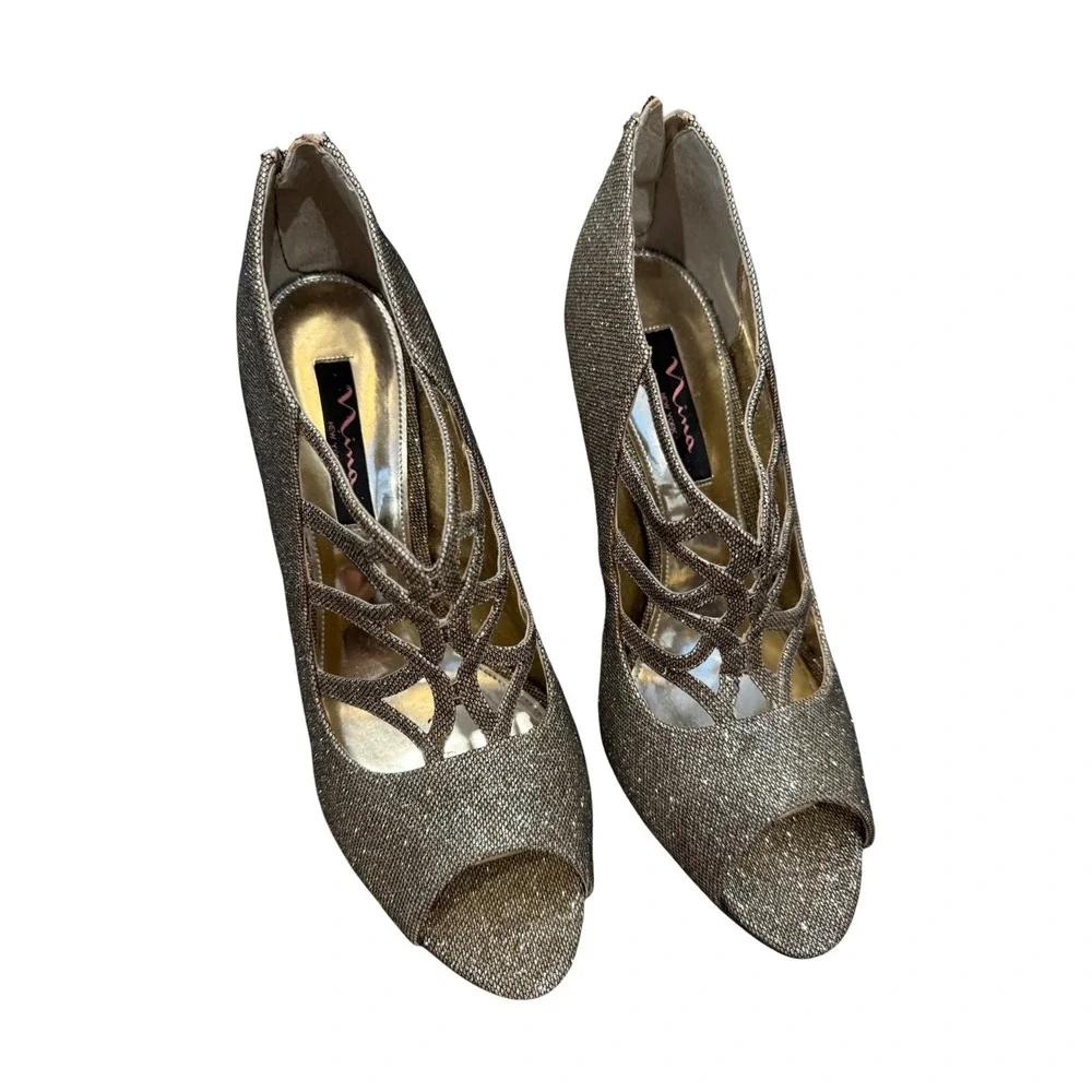 Nina Glitter Peep Toe Heels Gold Sparkle Strappy‎ Stiletto Pumps Women's Size 11